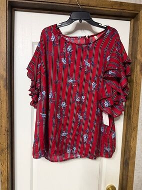 Truth Red Floral Stripe Ruffle Sleeve Blouse